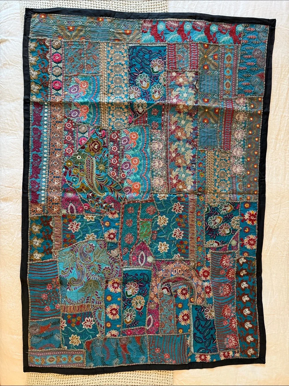Handmade Vintage Pakistani Tribal Bridal Tapestry in Vibrant Blues & Pinks
